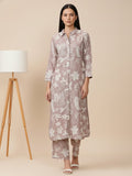 KSUT Women Grey Shirt Collar Side Slit Tunic With Tonal Printed Bottom