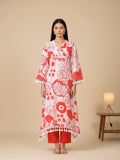 KSUT Women Peach Floral Printed V-Neck Straight Kurta With Tessels Hem Paired With Tonal Solid Bottom