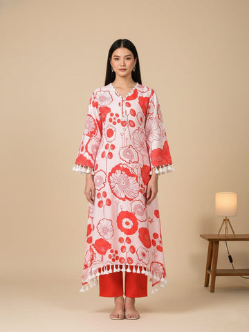 KSUT Women Peach Floral Printed V-Neck Straight Kurta With Tessels Hem Paired With Tonal Solid Bottom