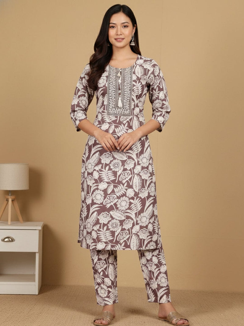 KSUT Women Thread Embroidered Yoke Floral Printed Kurta With Trouser