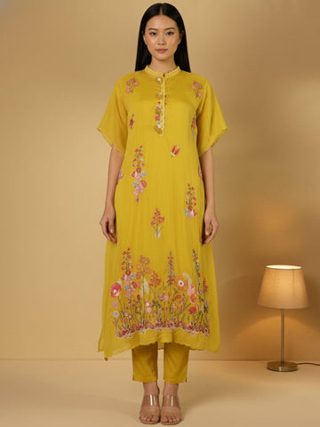 KSUT Women Floral Thread Embroidered Silk Kaftan With Tonal Bottom.