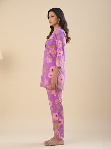 KSUT Women Lavender Floral Printed Cotton Co-Ords