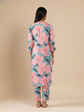KSUT Women Teal And Pink Floral Printed Straight Kurta Paired With Bottom