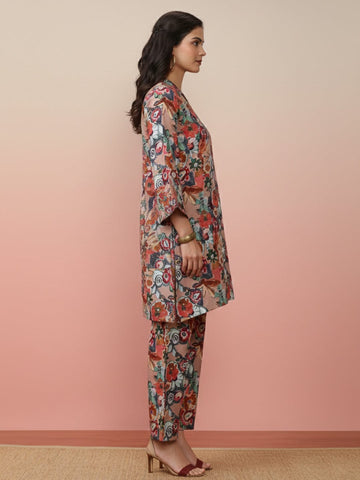 KSUT Women Beige Abstract Printed V-Neck Angrakha Style Top Paired With Tonal Printed Flared Bottom