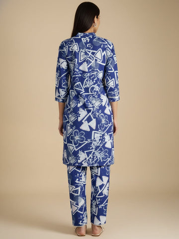 Blue and white printed straight kurta with a mandarin collar, paired with solid straight-fit trousers perfect for everyday elegance and comfort.