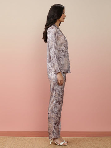 KSUT Women Grey Floral Printed Top Paired With Tonal Printed Bottom