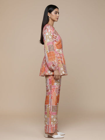 KSUT Women Multi Abstract Printed V-Neck Angrakha Style Top Paired With Tonal Printed Flared Bottom