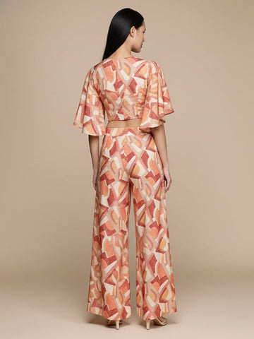 KSUT Women Beige Multicolour Flared Sleeves, Front Open With Tie Up Details Crop Top Paired With Flared Bottom