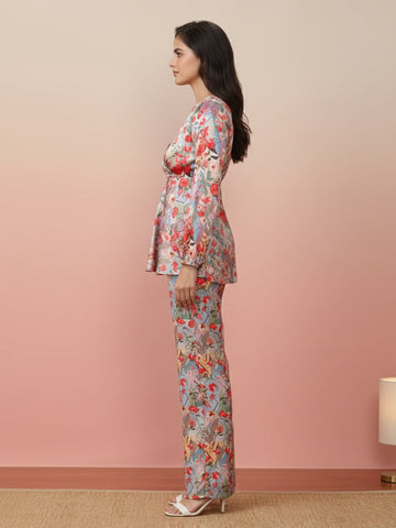 KSUT Women Multi Colour Floral Printed Top Paired With Tonal Printed Bottom
