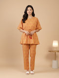 KSUT Mustard And Pink Floral Printed V Neck Kaftan Trouser Set