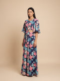 KSUT Women Blue Floral  Printed, Flared Sleeves, Front Open With Tie Up Details Crop Top Paired With Flared Bottom
