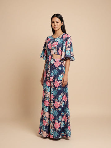 KSUT Women Blue Floral Printed, Flared Sleeves, Front Open With Tie Up Details Crop Top Paired With Flared Bottom