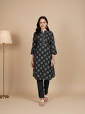 KSUT Women Printed Kurta With Thread Details On Neck Paired With Solid Trousers