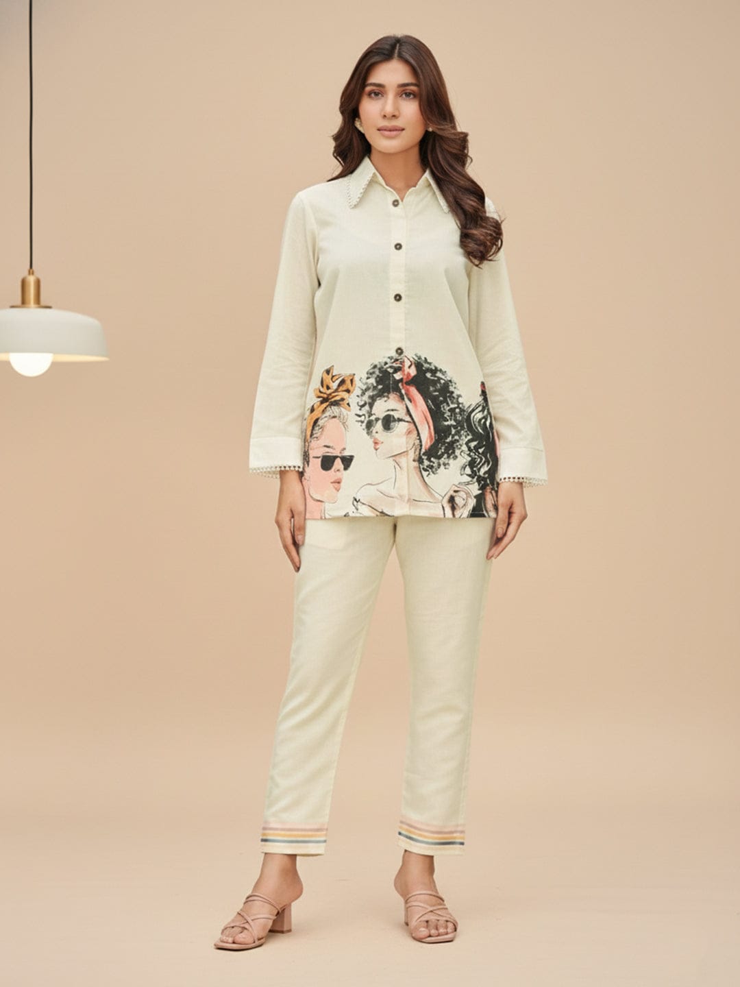 KSUT Women Modern Printed Apple Hem Shirt with Trouser