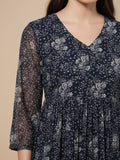 KSUT Women Navy Blue Allover Floral  Printed Pleated Empire Kurta Paired With Tonal Bottom