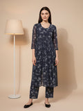 KSUT Women Navy Blue Allover Floral  Printed Pleated Empire Kurta Paired With Tonal Bottom