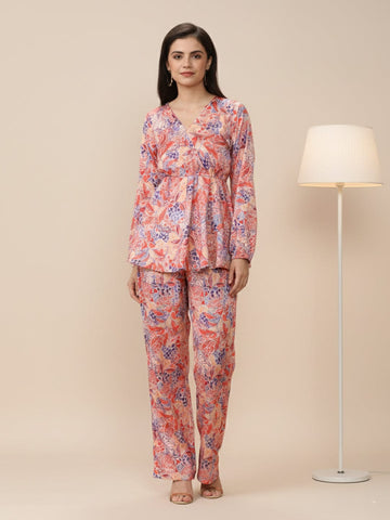 KSUT Women Beige Abstract Printed Top Paired With Tonal Printed Bottom