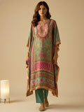 Kaftan-Style Kurta With A V-Neck, Paired With Solid Ankle-Length Trousers For A Relaxed Yet Elegant Look.