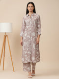 KSUT Women Grey Shirt Collar Side Slit Tunic With Tonal Printed Bottom