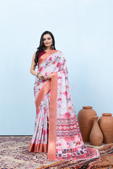 Varanga Light Grey Designer Dola Silk Saree With Doby Border