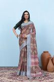 Varanga Light Brown Linen Digital Printed Saree With Tassels