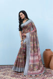 Varanga Light Brown Linen Digital Printed Saree With Tassels