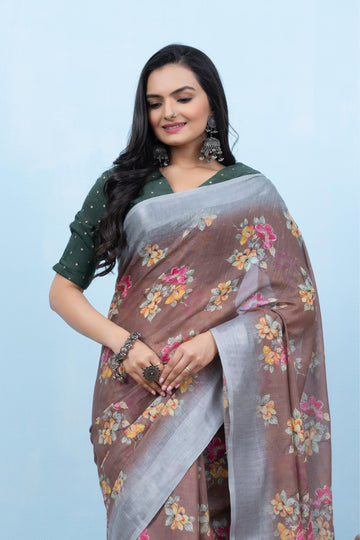 Varanga Light Brown Linen Digital Printed Saree With Tassels