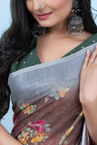 Varanga Light Brown Linen Digital Printed Saree With Tassels