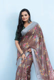 Varanga Light Brown Linen Digital Printed Saree With Tassels