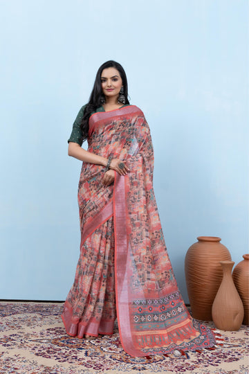 Varanga Light Grey Linen Digital Printed Saree With Tassels