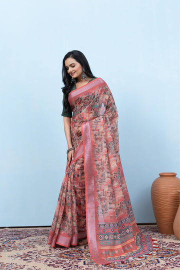 Varanga Light Grey Linen Digital Printed Saree With Tassels