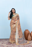 Varanga Cream Linen Digital Printed Saree With Tassels