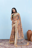 Varanga Cream Linen Digital Printed Saree With Tassels