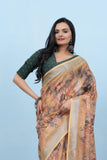 Varanga Cream Linen Digital Printed Saree With Tassels