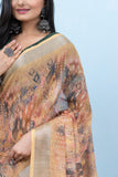 Varanga Cream Linen Digital Printed Saree With Tassels