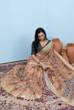 Varanga Cream Linen Digital Printed Saree With Tassels