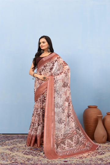 Varanga Brown Linen Digital Printed Saree With Zari And Sequence Work