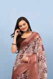 Varanga Brown Linen Digital Printed Saree With Zari And Sequence Work