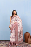 Varanga White Linen Digital Printed Saree With Zari And Sequence Work