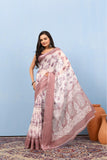 Varanga White Linen Digital Printed Saree With Zari And Sequence Work