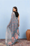 Varanga Light Grey Linen Digital Printed Saree With Tassels