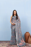 Varanga Light Grey Linen Digital Printed Saree With Tassels