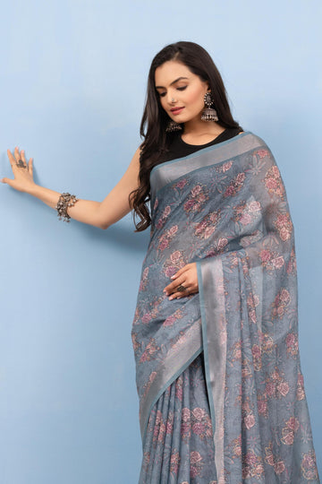 Varanga Light Grey Linen Digital Printed Saree With Tassels