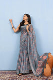 Varanga Light Grey Linen Digital Printed Saree With Tassels