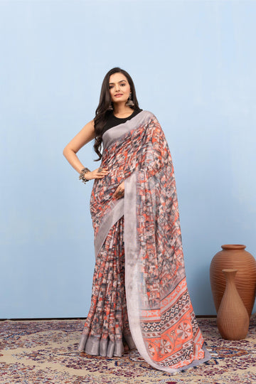 Varanga Multicolor Linen Digital Printed Saree With Tassels