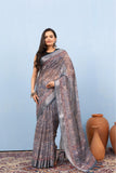 Varanga Grey Linen Digital Printed Saree With Tassels