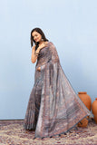 Varanga Grey Linen Digital Printed Saree With Tassels