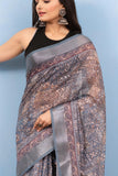 Varanga Grey Linen Digital Printed Saree With Tassels