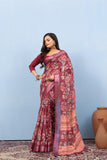 Varanga Light Maroon Linen Digital Printed Saree With Tassels