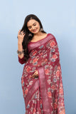 Varanga Light Maroon Linen Digital Printed Saree With Tassels